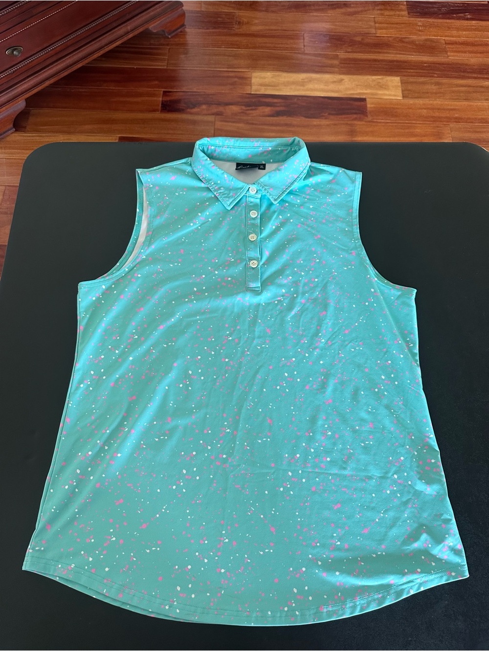 Sunday Swagger Sleeveless Aqua Polo Top with Pink Speckle Womens XL